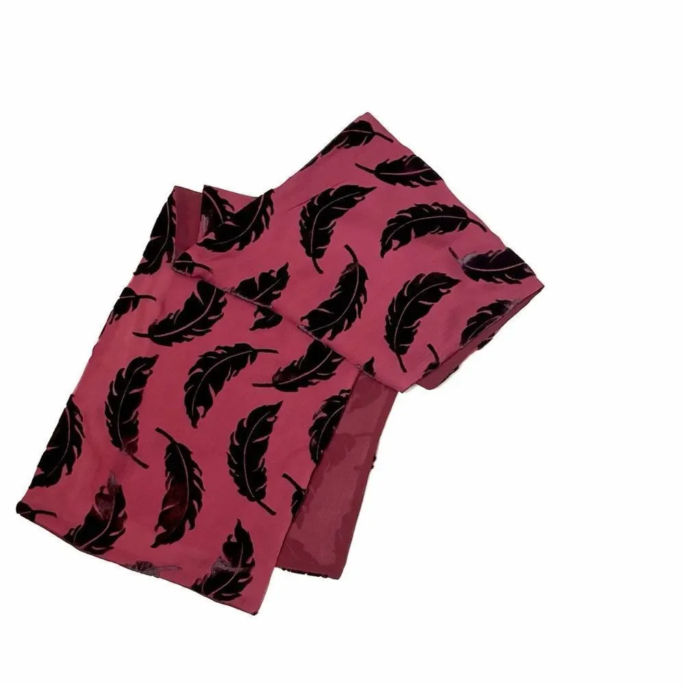 Elaine Gold Lined Scarf Rayon Silk Blend Burnout Velvet Burgundy Black Feathers